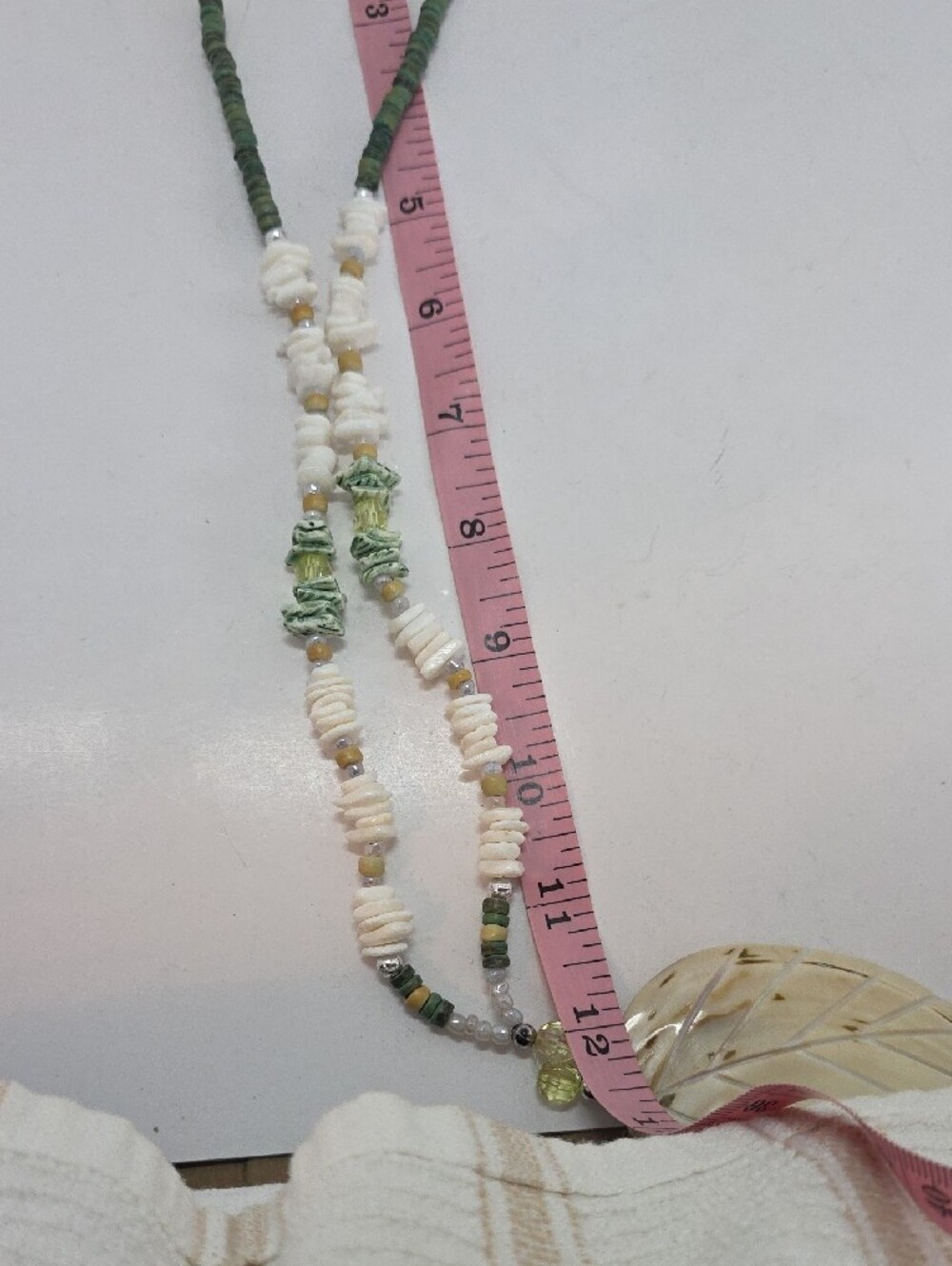 Hand Crafted Green, White and Beige Leaf Pendant Necklace - Picture 9 of 10